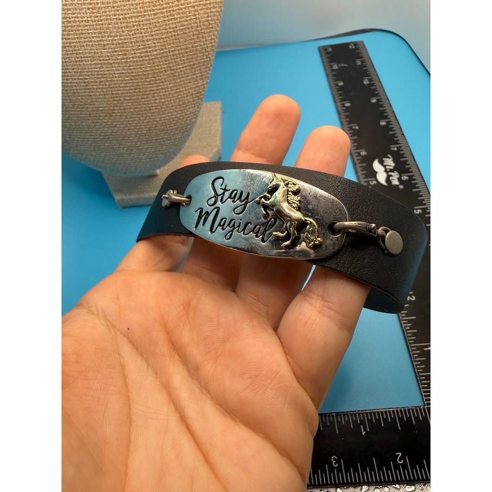 Stay Magical Unicorn Black Leather Cuff Bracelet Silver Tone Metal Plate Boho
